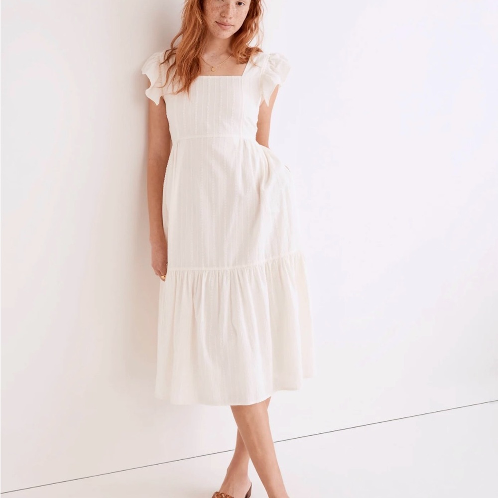 Madewell Cotton Ruffled tiered Midi Dress in textural stripe sz petite small